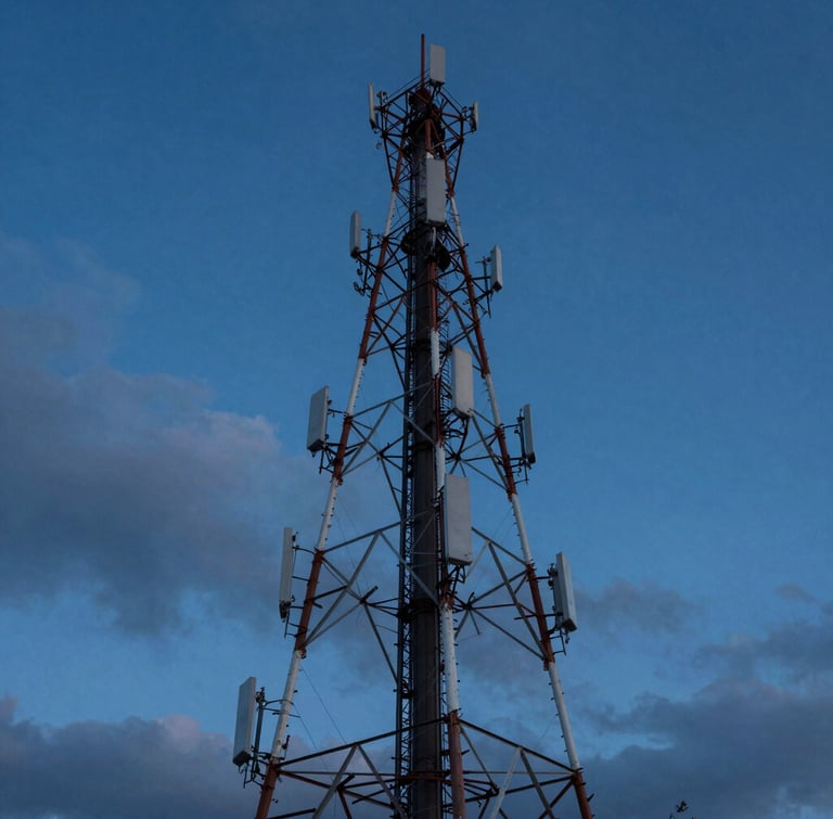 Wide-angle portrait shot of a telecommunication tower cutting through a dramatic, deep twilight sky, sharp architectural steel, cool blue tones.