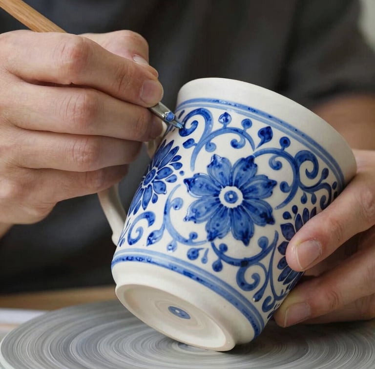 Close-up of hands carefully painting intricate cobalt blue patterns on a raw ceramic mug, warm daylight highlighting the chalky texture of the unfired glaze.