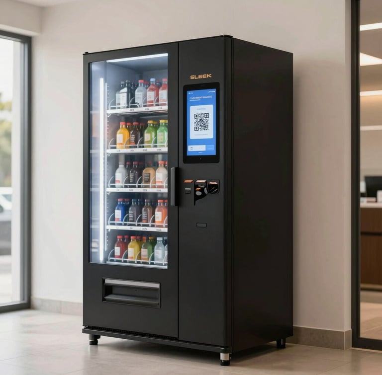 Sleek modern matte black vending machine in a bright, minimalist Ouagadougou corporate lobby, warm morning light reflecting off its touch screen showing a QR code, professional setting