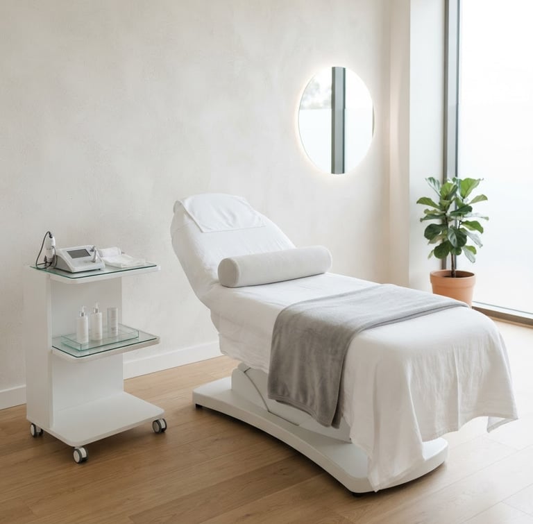 Bright commercial photography of a modern, clean aesthetic clinic treatment room, soft natural light, minimalist interior, sharp focus, 50mm, portrait orientation