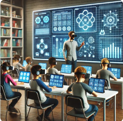 A futuristic classroom where students use tablets, laptops, and VR headsets for interactive learning