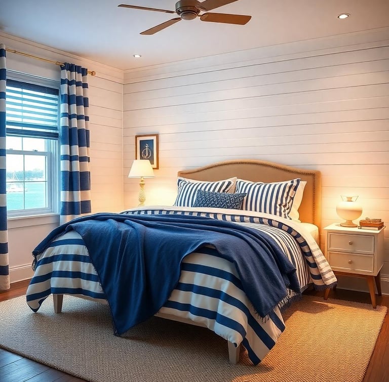 a nautical bedroom with a bed with blue and white striped bedspread