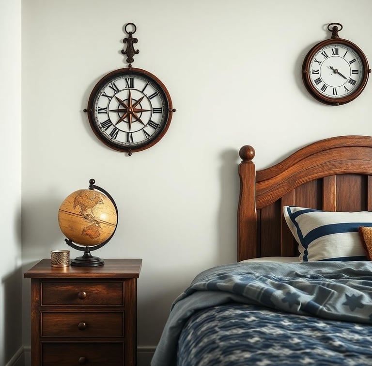 a bed with a clock on the wall and a globe on the side table