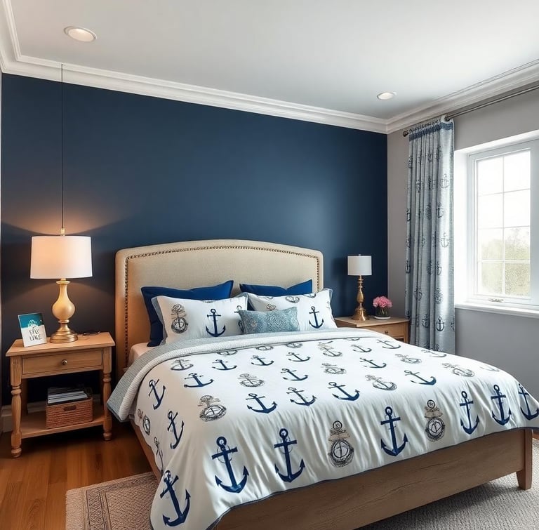 a nautical bedroom with a bed and a lamp