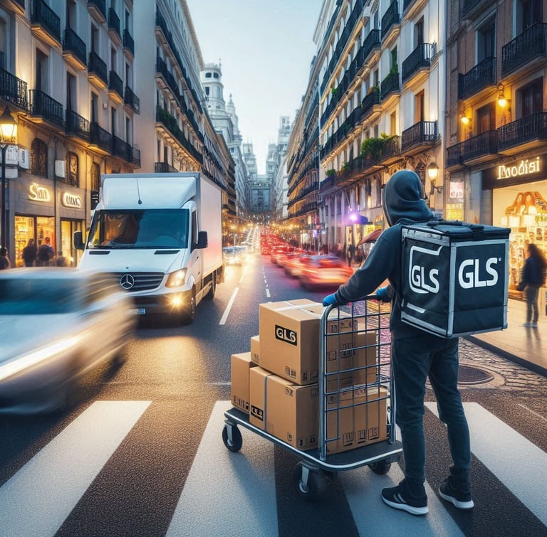 GLS delivery person moving orders on a cart in the foreground and the busy street of Madrid with the