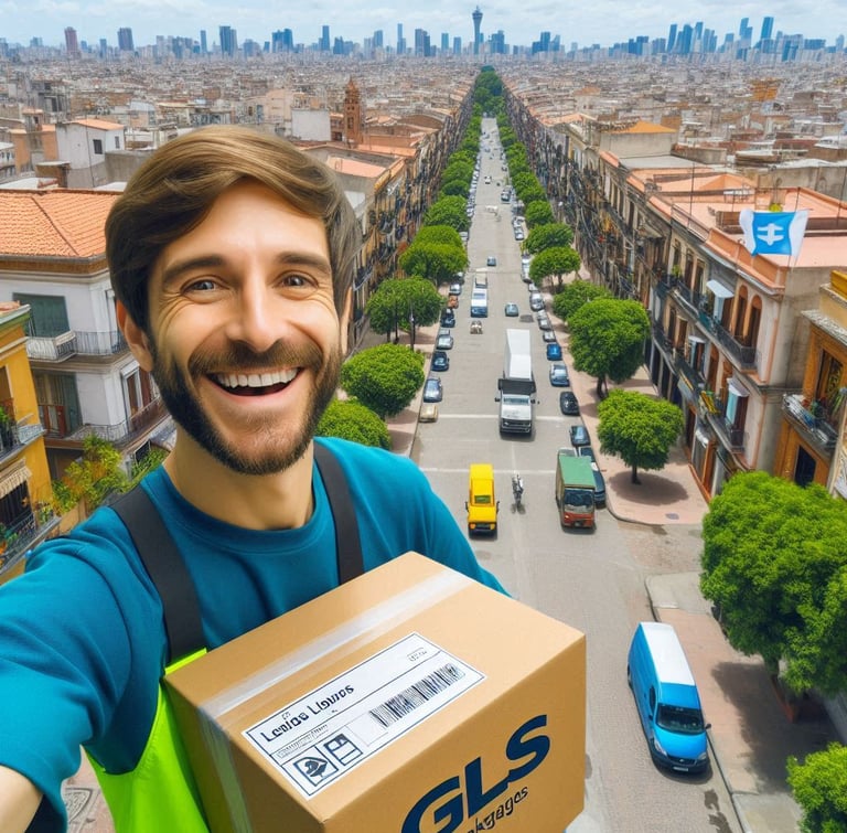 Repartidor sonriente llevando un pedido de GLS