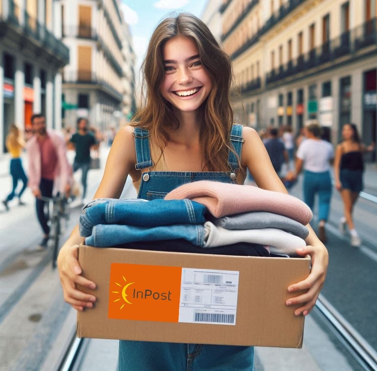 una chica sonriente transportando con cuidado una caja alargada y cerrada, llena de ropa,