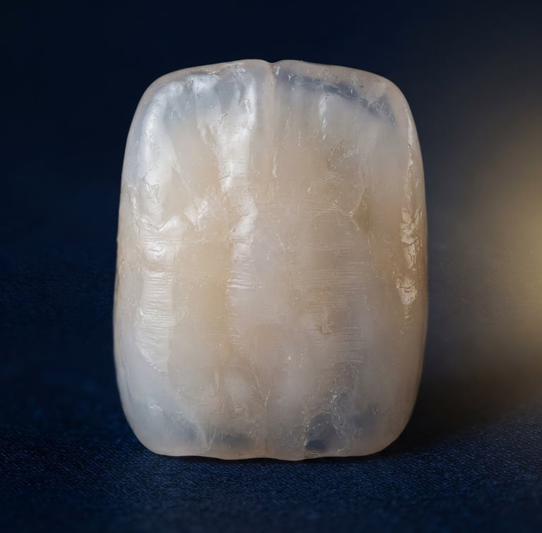Macro photography of natural enamel textures under soft diffused side-lighting, deep navy background, elegant and serene clinical atmosphere.