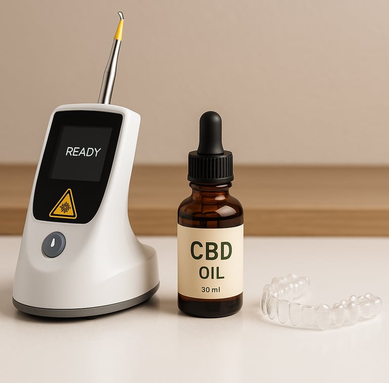 Aparelho de laser odontológico, frasco de canabidiol e um alinhador ortodôntico.