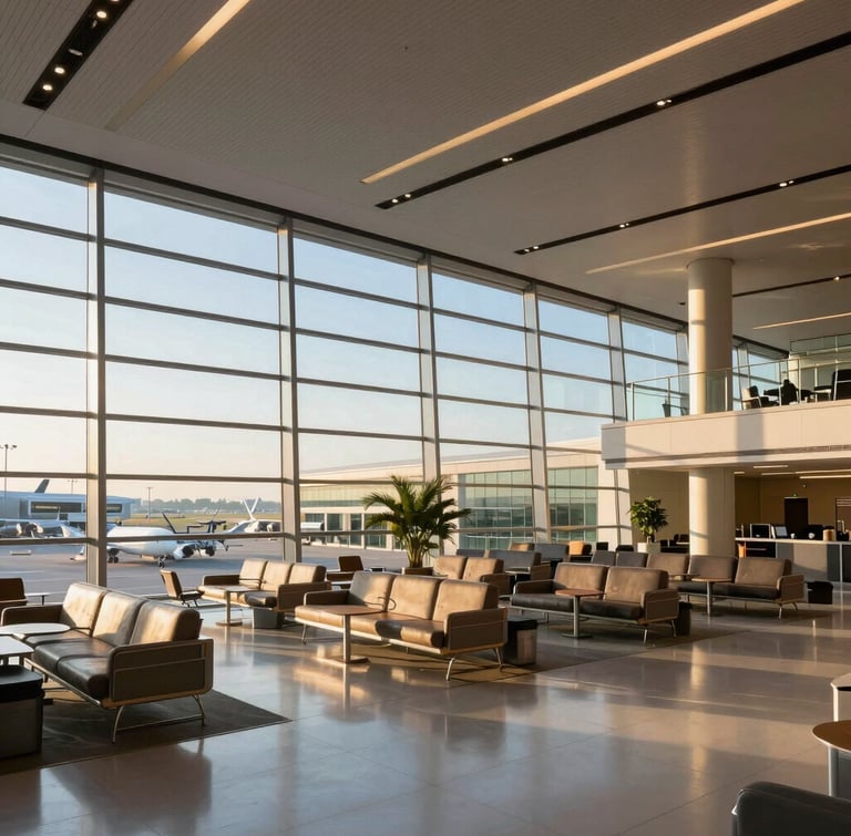 Wide angle shot of a pristine modern airport lounge at sunrise, golden light casting long shadows across architectural glass and steel, 35mm editorial photography