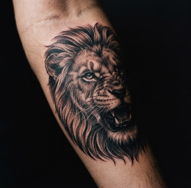 Macro close-up of sharp, healed black ink realism tattoo on clean skin, dramatic side lighting from the left casting deep shadows, emphasizing skin texture and crisp line work, 35mm film style.