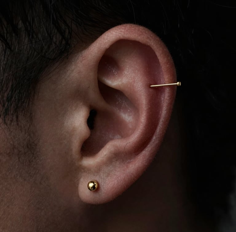 Macro close-up of a delicate gold cartilage piercing on a human ear, elegant minimalist jewelry design, dark moody editorial photography, dramatic chiaroscuro lighting, deep black background, sharp focus, 35mm lens
