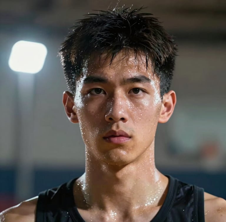 Dramatic side-lit portrait of a young athlete staring intensely at the camera, sweat on brow, indoor court spotlights in the background, high contrast.