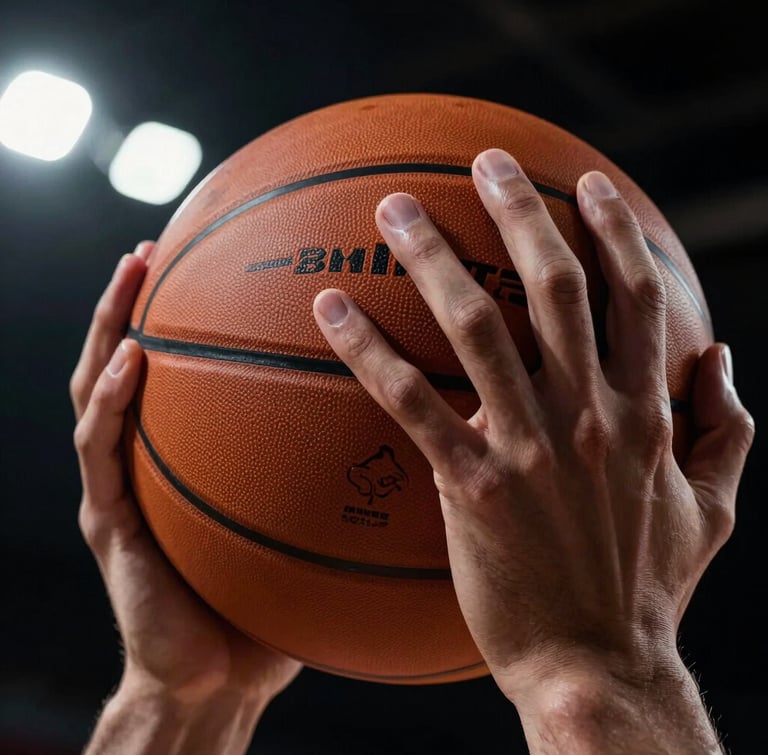 Extreme close-up of a basketball player's hands gripping the ball tightly, harsh indoor court spotlights casting deep shadows, high-contrast dramatic lighting, intense focus.