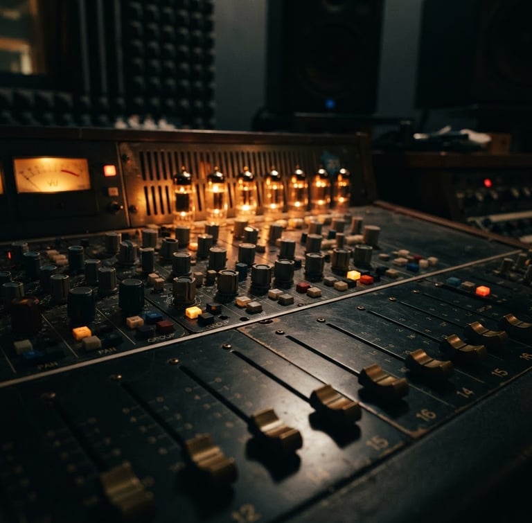 Moody low-key studio photography of a high-end analog mixing console. Warm amber vacuum tube glow illuminates tactile faders and knobs. Deep shadows in the background with soft acoustic paneling textures, shot with a 50mm lens.