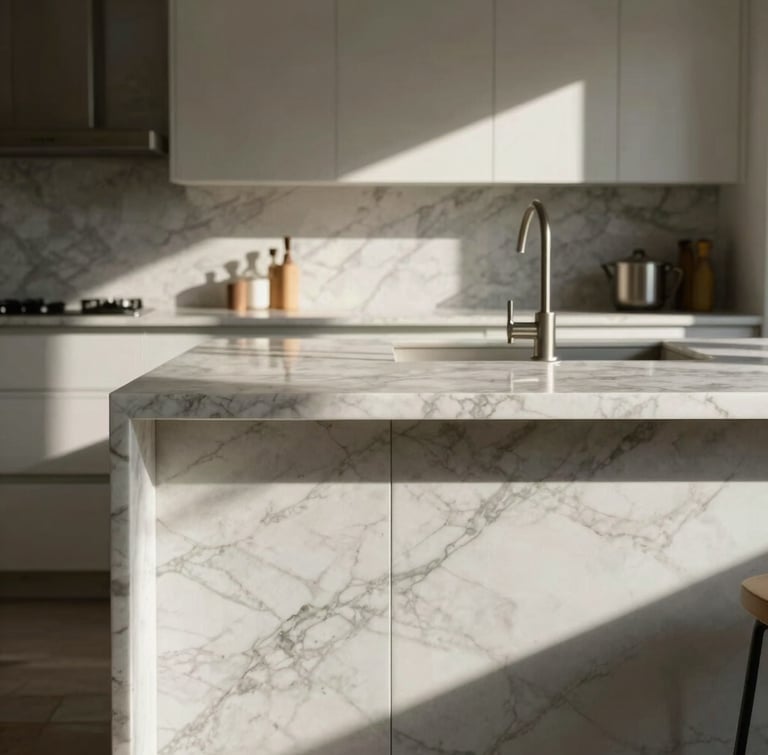 Natural diffused daylight illuminating a marble kitchen island, strict vertical lines, high-contrast shadows, editorial interior composition.