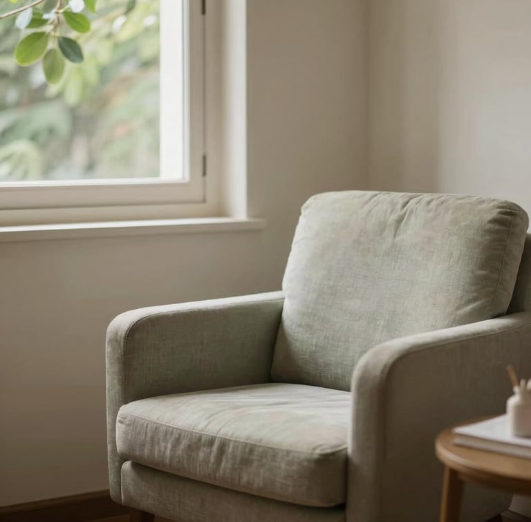 A serene therapist's workspace in Villa General Belgrano, soft warm indoor natural light, a comfortable armchair next to a window showing green leaves, shallow depth of field