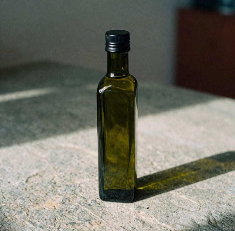 A beautiful dark green glass olive oil bottle on a rough stone surface, soft natural light casting long shadows, cozy Scandinavian aesthetic, 35mm film.