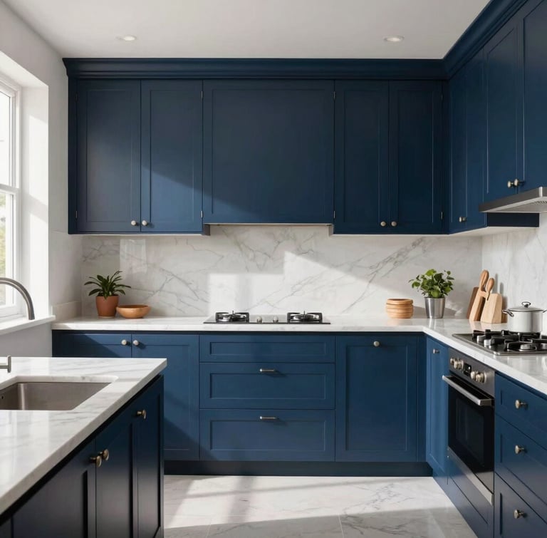 Straight-on architectural elevation of a modern kitchen featuring deep navy blue shaker cabinets, crisp white marble countertops, bright natural window daylight, sharp clean shadows.