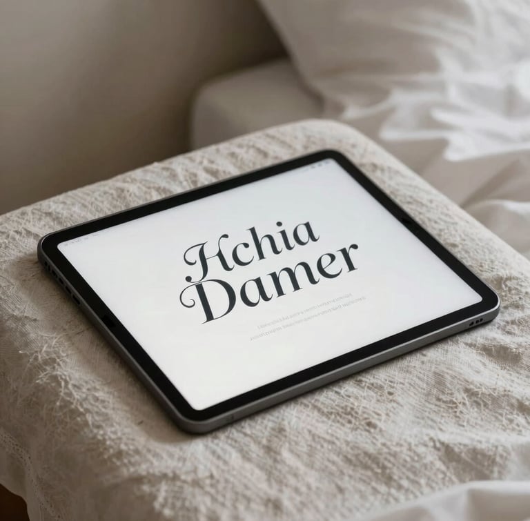 Portrait shot of a matte-screen writing tablet sitting on a linen-draped bedside table, soft morning light, displaying elegant charcoal serif typography.