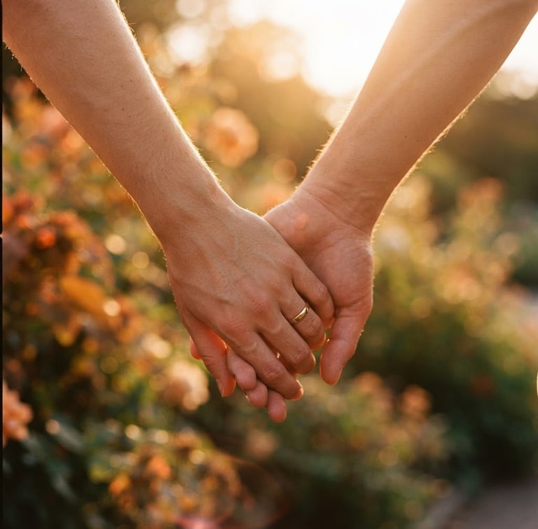 Close-up of a couple holding hands, fingers intertwined, warm golden-hour sunlight filtering through, soft sun flares, rich terracotta tones, candid 35mm film style