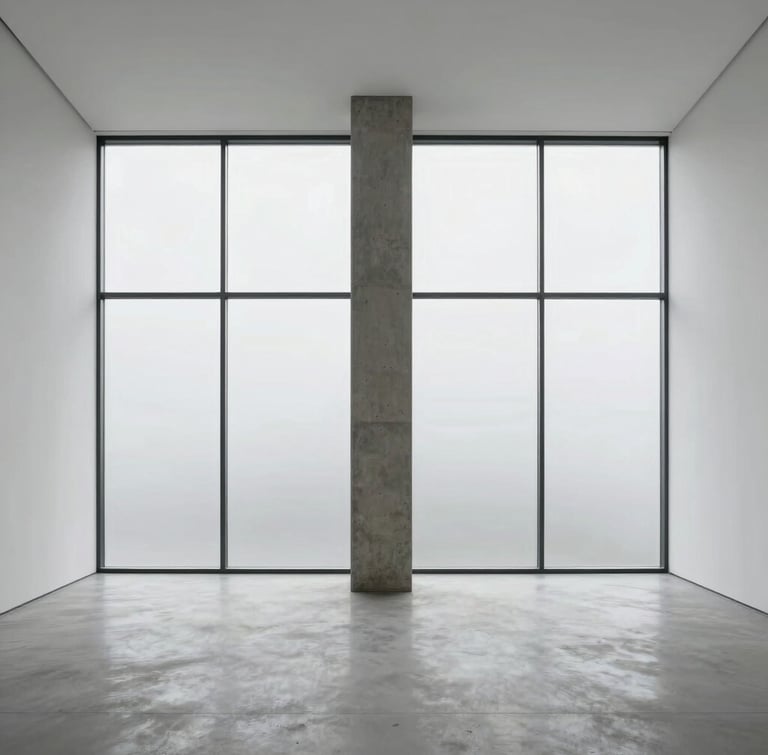Minimalist interior with a single concrete pillar and diffused overcast light from a massive window, stark white gallery walls.