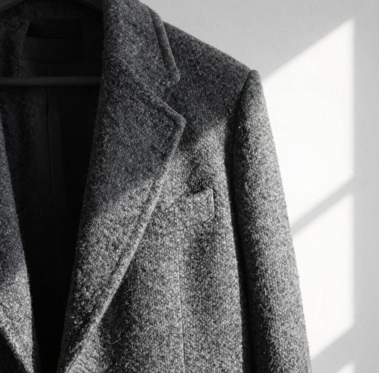 Abstract macro detail of a structured wool coat against a stark white gallery wall, high-contrast directional light, sharp geometric folds.