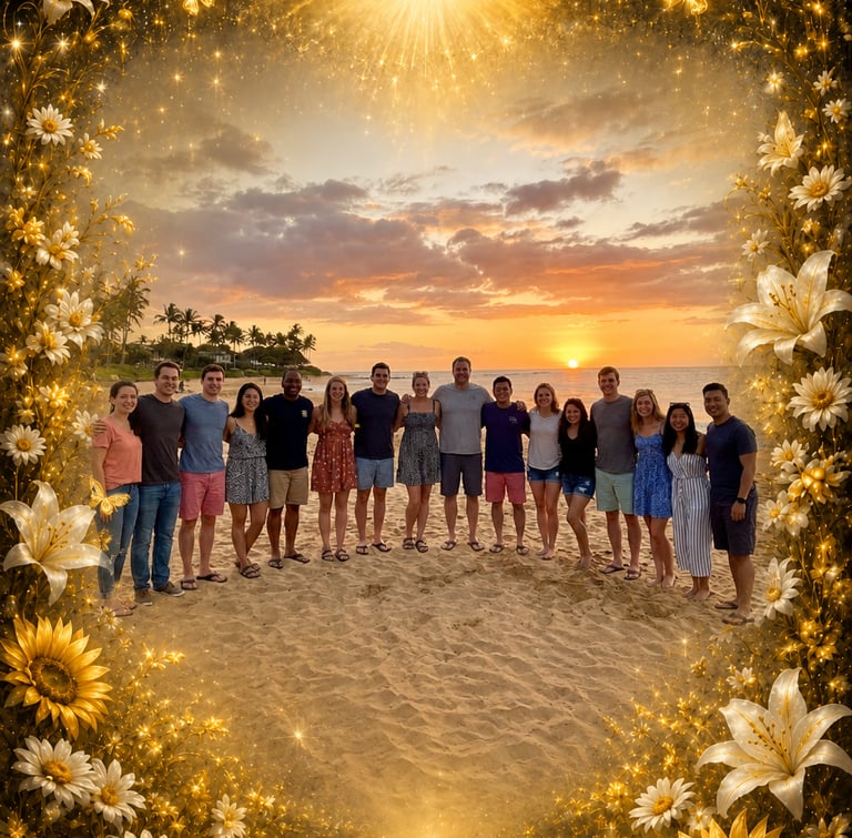 People at the beach on a beautiful frame of flowers and butterflies