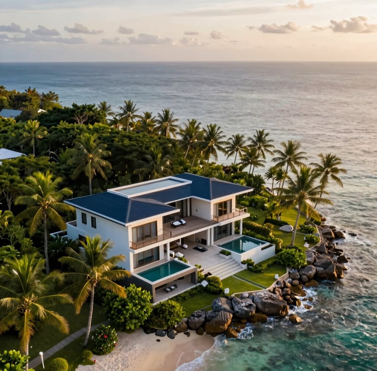 Elevated drone perspective of a modern tropical villa with clean architectural lines, nestled on a pristine Samal Island coastline, warm late-afternoon golden hour light reflecting off the Davao Gulf.
