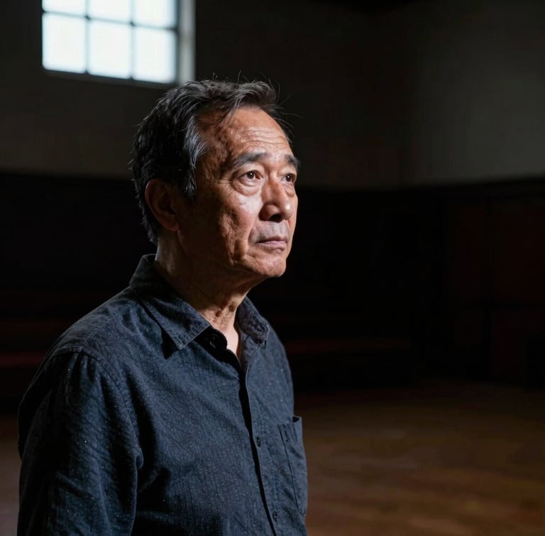 High-contrast portrait of a theatre director in a dark rehearsal room, dramatic side-light from a window, intense focus, negative space on the right