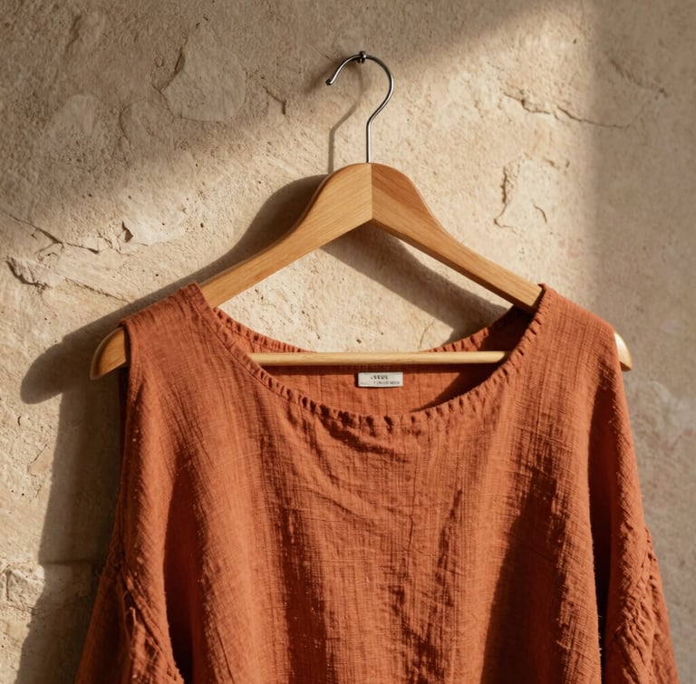 Close-up of terracotta-washed linen draped over a custom wooden hanger, warm side-lighting casting organic shadows on a sandstone plaster wall.