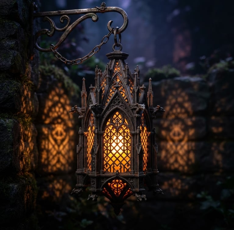 A high-resolution macro shot of an intricate 3D printed gothic lantern glowing with warm amber light from within, casting detailed shadows of runic filigree, dramatic low-key twilight lighting, 35mm