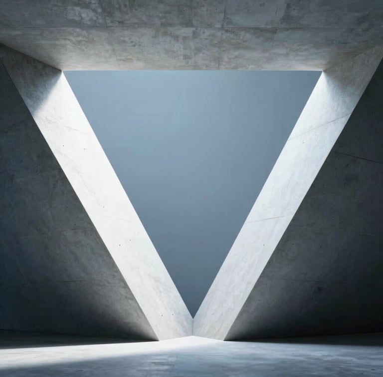 Symmetrical architectural concrete structure with sharp geometric shadows under stark white studio light, cool blue undertones, minimalist composition.