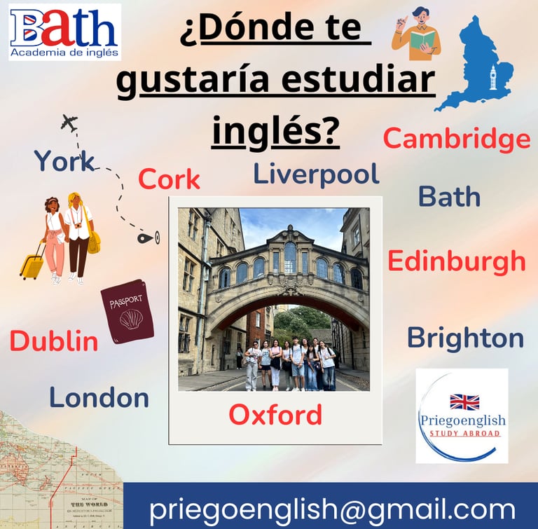 Anuncio de programas de estudios de inglés en el extranjero en ciudades como Oxford, Londres y otras