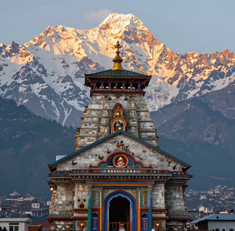 A portrait orientation photograph of the sacred Badrinath temple with its vibrant, colorful facade, framed by towering snow-covered Himalayan peaks under the soft golden light of a mountain sunrise.