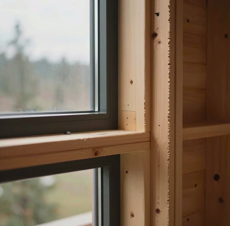 Close-up of a high-performance wall assembly transition, triple-glazed window frame meeting raw Douglas-fir timber, soft PNW overcast light, architectural precision.