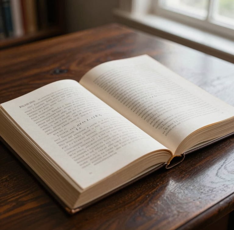 A close-up photograph of a heavy linen-bound book open on a dark oak library table. Handwritten pencil notes run along the wide margins. Soft, directional light from a high window illuminates the texture of the paper.