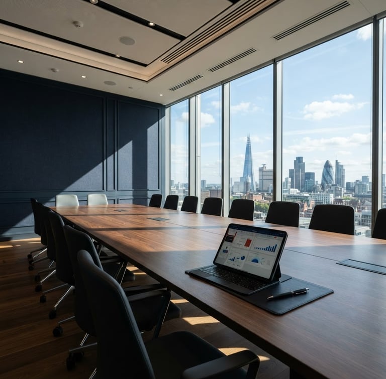 Wide architectural shot of a modern financial district boardroom, crisp corporate daylight, sharp shadows, focusing on a polished conference table with a tablet and pen, generous negative space on the left.