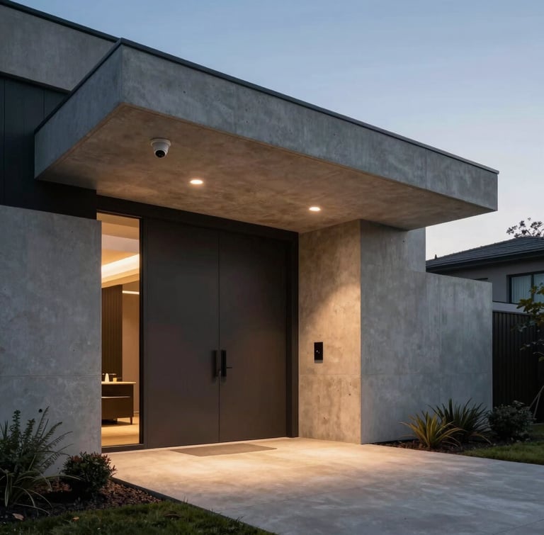 Wide architectural shot of a modern minimalist home entrance at twilight, featuring subtle warm LED lighting and a discreet security camera integrated into the concrete overhang.