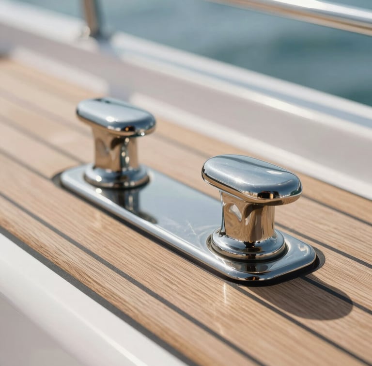 Close-up of polished stainless steel yacht cleats and immaculate teak deck reflecting bright midday sun, clean lines, minimalist composition.