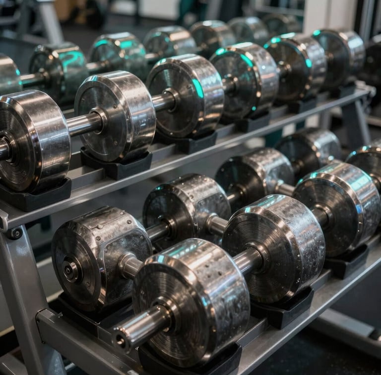 High-contrast interior photography of a modern athletic gym, heavy steel dumbbells aligned on a dark rack, subtle electric-teal LED glow reflecting off polished metal, shallow depth of field.