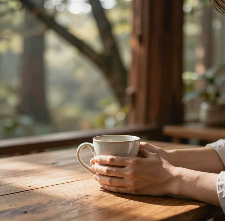 Soft natural morning light filtering through redwood branches, a warm wooden table with hands holding a ceramic mug in the foreground, calm and grounded atmosphere.