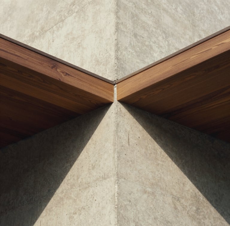 Extreme close-up architectural detail of raw concrete intersecting with premium dark oak wood, casting deep shadows under natural overcast daylight, medium format film look