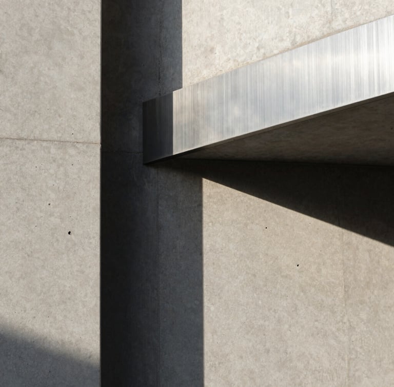 Abstract portrait close-up of premium raw concrete and brushed steel architectural details, dramatic natural shadows, clean morning light.
