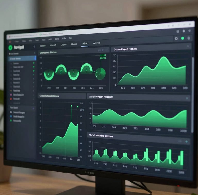 High-fidelity UI screenshot showing real-time data orchestration pipelines, active telemetry graphs in signal green, dark mode interface, crisp monospaced values.