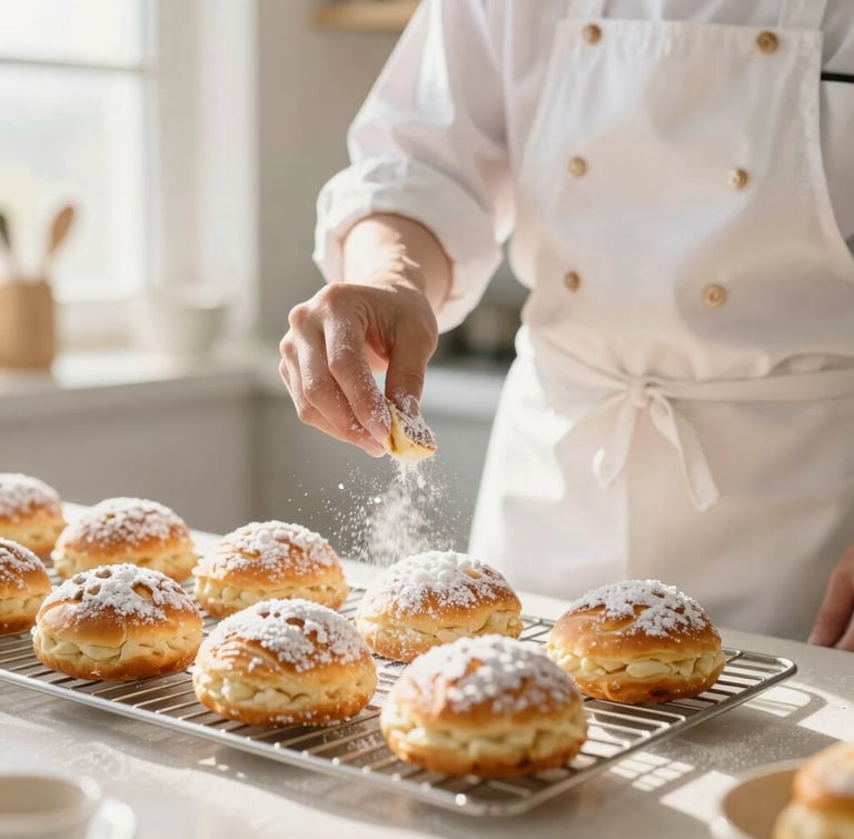 A professional baker in a clean white apron dusting powdered sugar over golden pastries on a wire rack, bright sunlit kitchen background, soft focus, warm amber highlights, 35mm