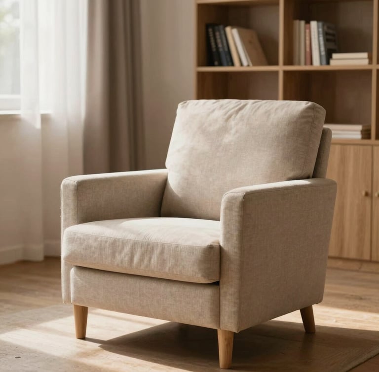 An empty comfortable fabric armchair in a quiet therapy room, minimalist wooden bookshelf in the background, soft warm daylight filtering through curtains, high-end editorial style.