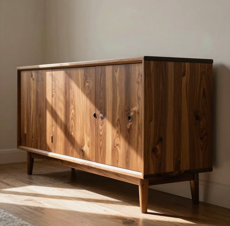 A tall, portrait-oriented shot of a finished custom elm credenza styled in a sunlit modern room, warm low-angle side light highlighting the deep natural grain.