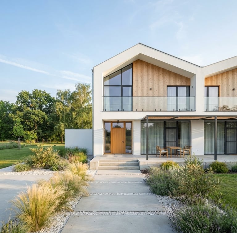 Bright architectural photograph of Anna Vendégház exterior, clean modern lines, white walls, soft morning sun, minimalist garden