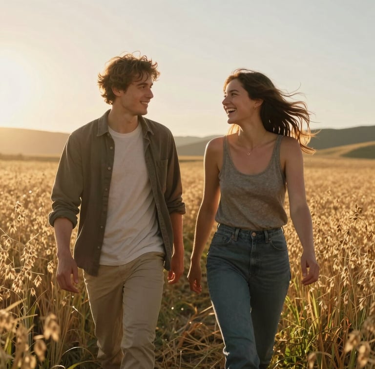 Cinematic medium shot of a young couple walking through a golden-hour wild oat field in Northern California, low-angle warm sun creating soft lens flares, her hair caught in the wind as she laughs off-center, authentic and unposed interaction, shallow depth of field.